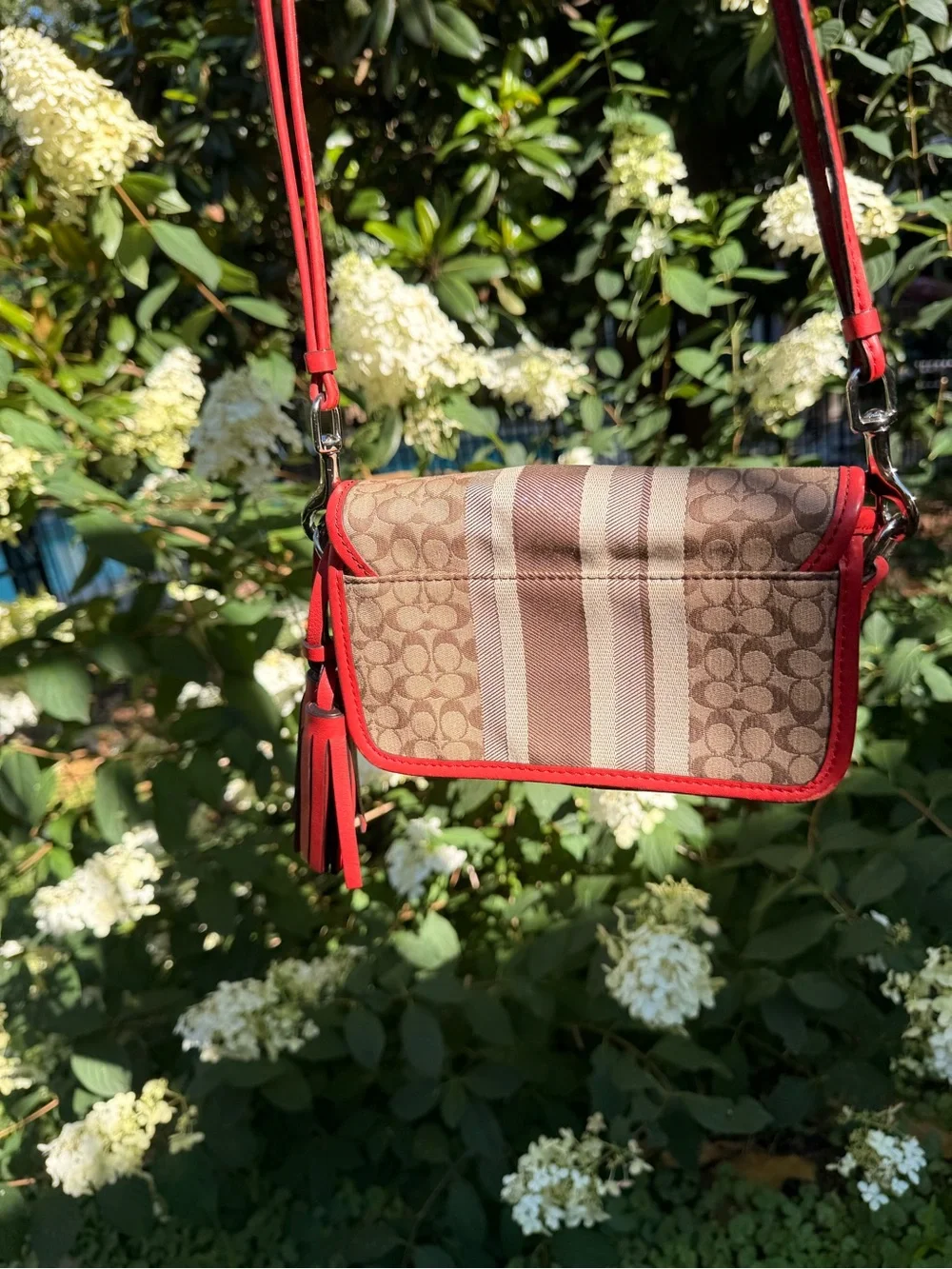 Coach Tan Signature Canvas Crossbody with Red Trim
